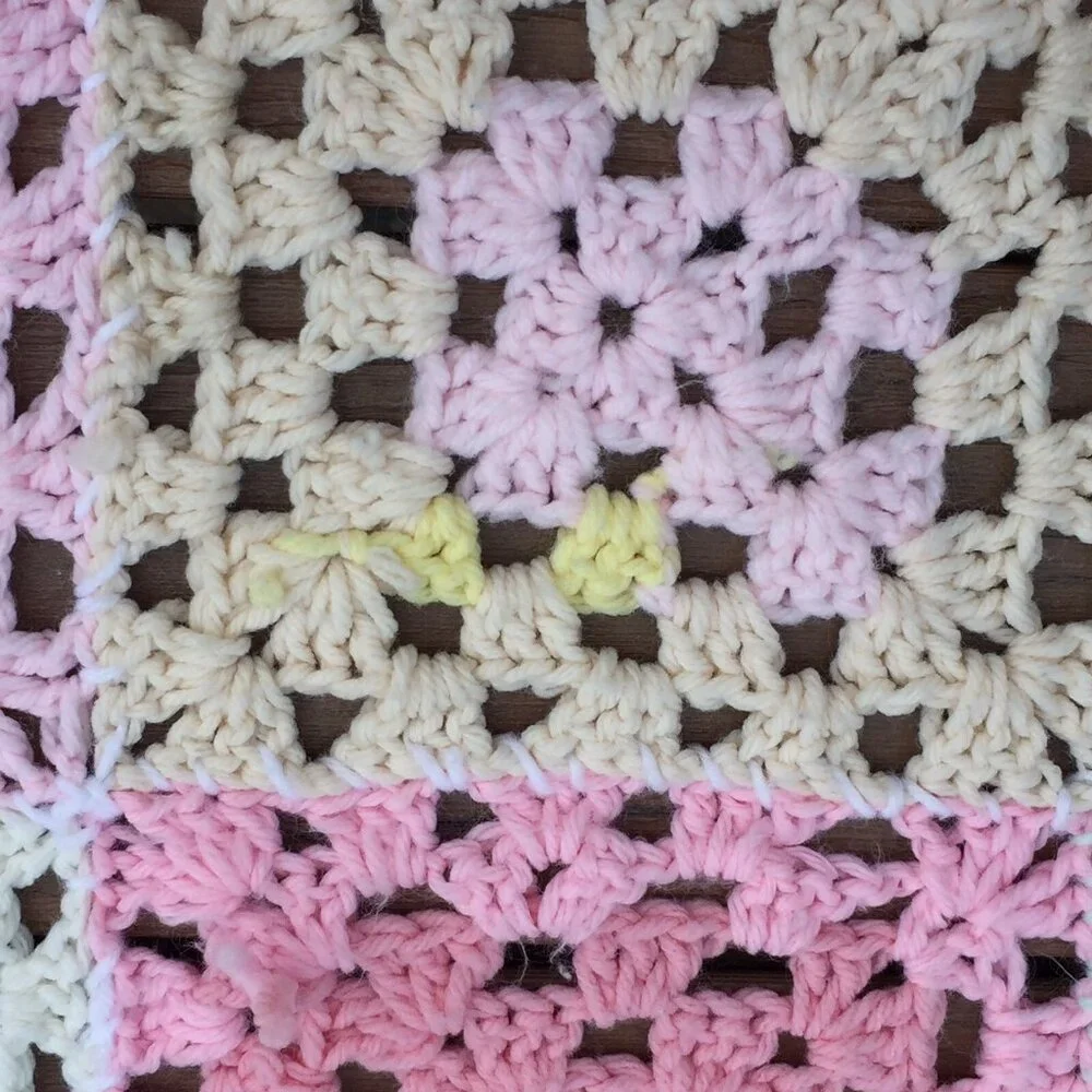 Crochet Knit Afghan Throw Blanket Granny Square Pastels Baby Pink Blue Sofa Cozy